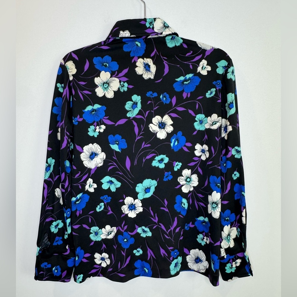Vintage vibrant Floral Black Blue 70's dagger collar Shirt - Picture 8 of 9